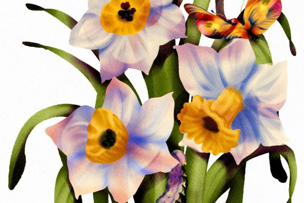 Artwork by Ekarad Pakpin featuring flowers and birds in a calm botanical composition