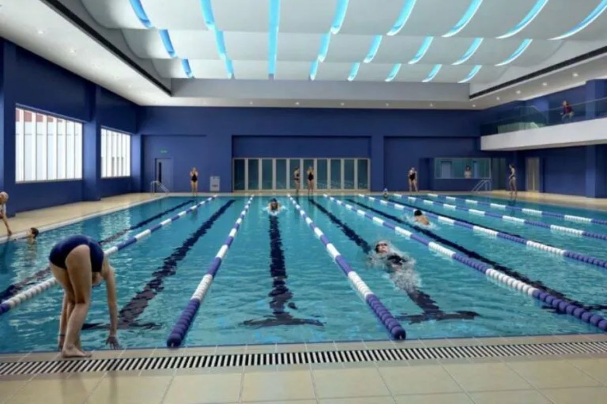  Eight lane competitive swimming pool at HKIS Dragon Center with spectator seating and advanced timing system 