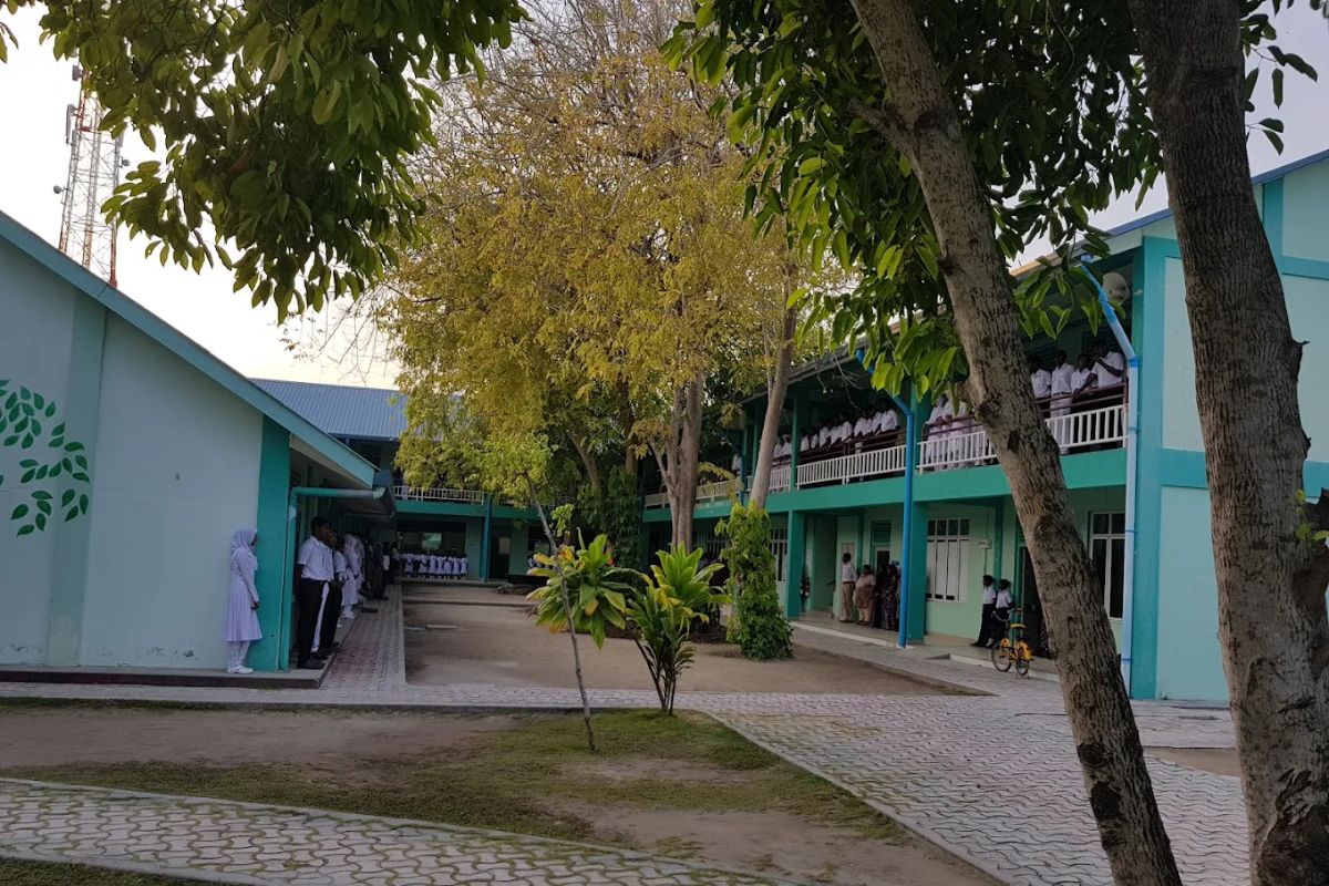 Exterior view of Faafu Atoll Education Centre, showcasing a coastal campus designed for learning in a serene island setting. 