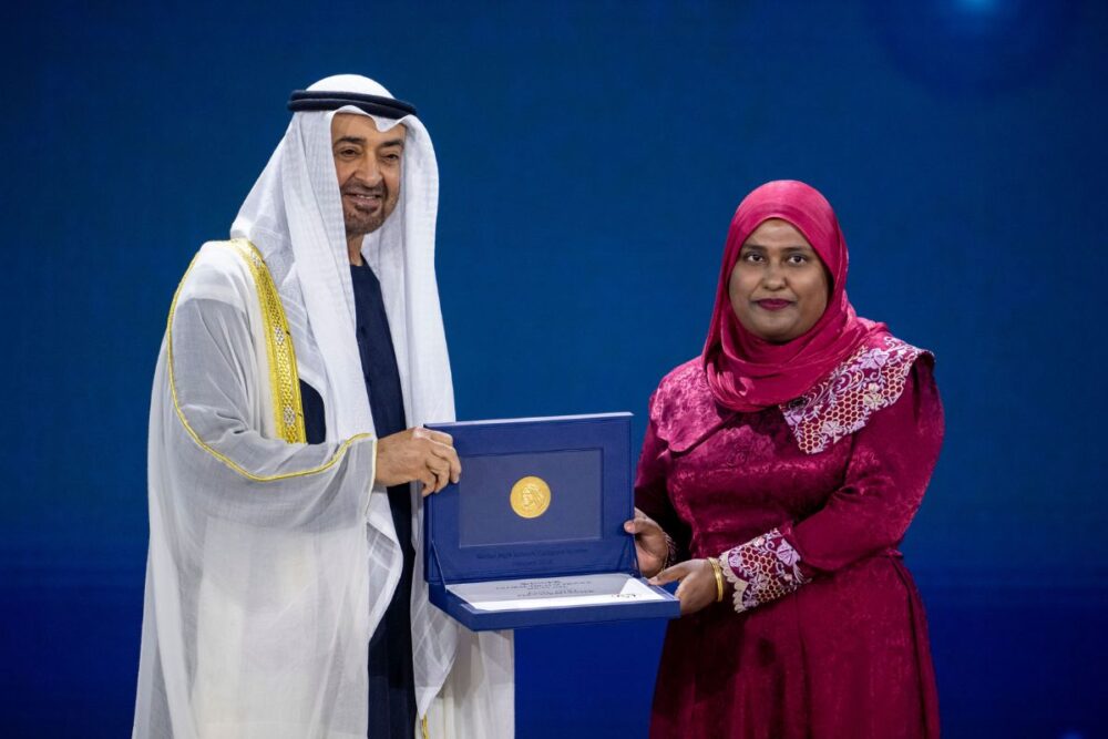 Faafu Atoll Education Center team receiving the 2026 Zayed Sustainability Prize award inspired by Sheikh Zayed’s sustainability legacy