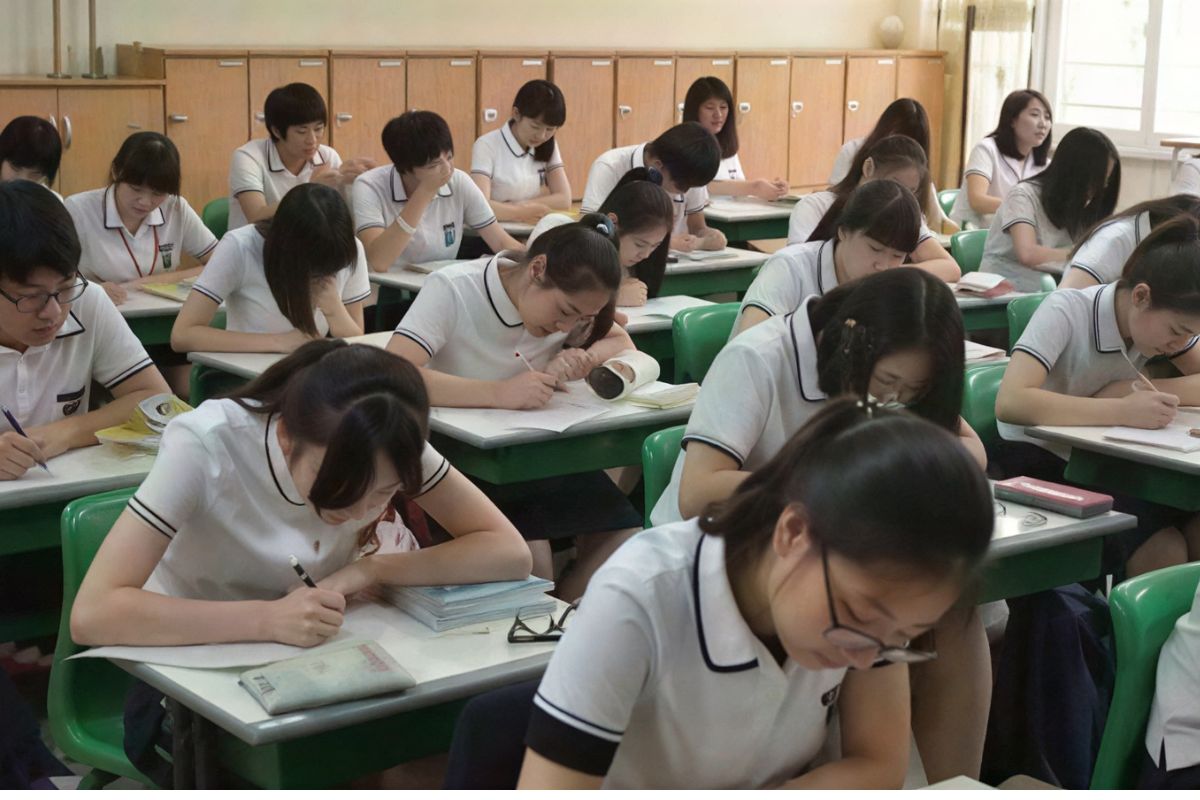 Diverse group of students in a South Korean classroom studying the International Baccalaureate curriculum, participating in discussion with a teacher. 