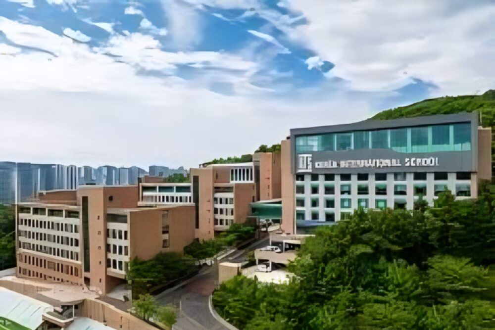 Exterior view of a modern international school campus in South Korea, designed to support global learning.