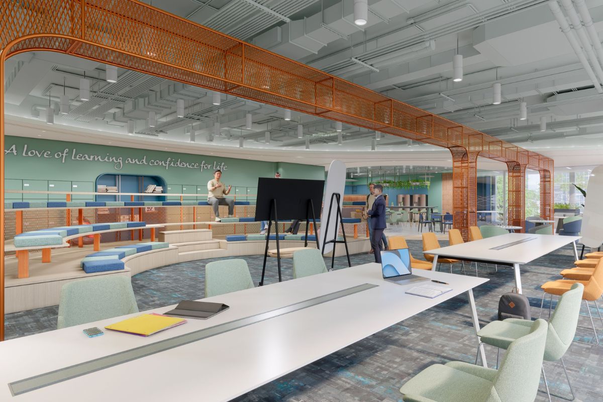 Modern sixth form study area with collaborative spaces and independent learning zones