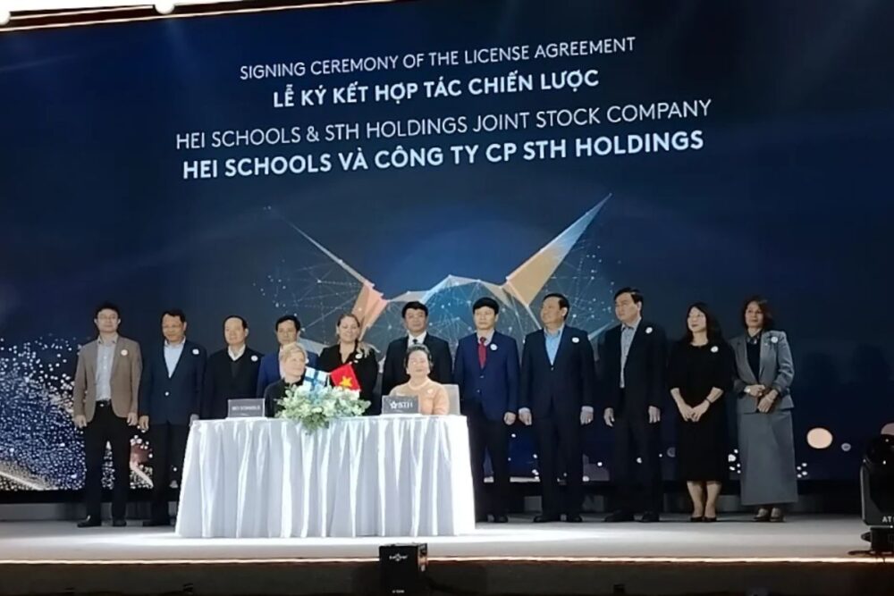 HEI Schools and STH Holdings representatives at signing ceremony for new preschool campus partnership in Thai Nguyen Vietnam