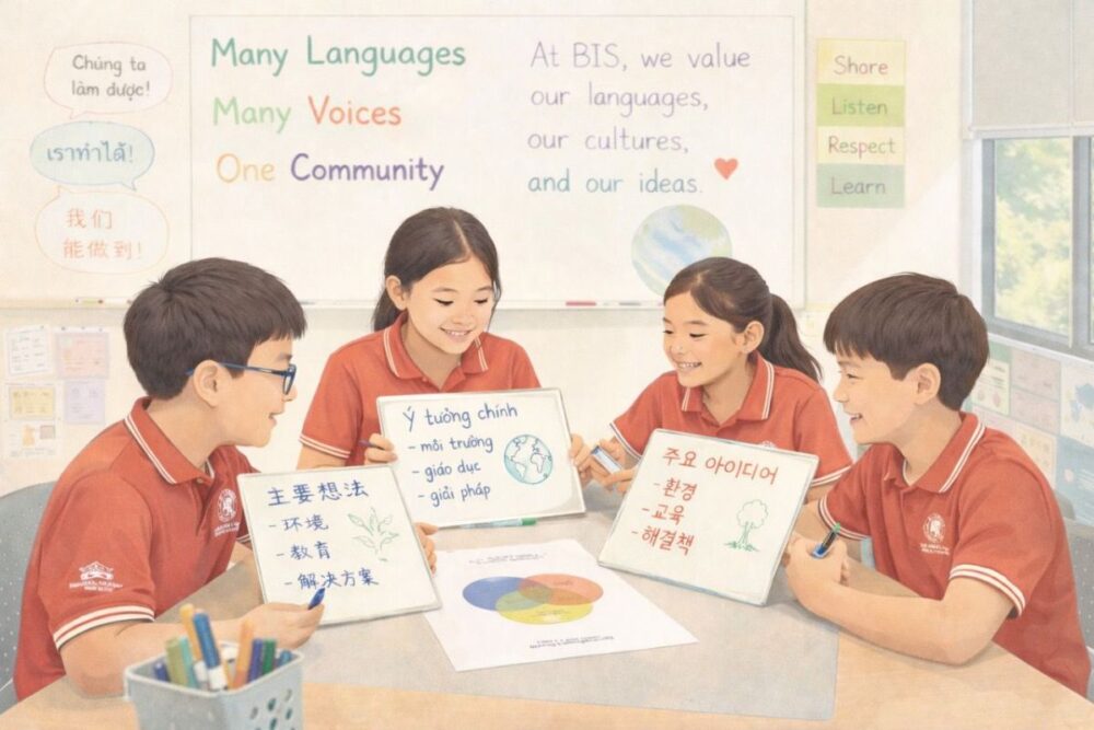 Multilingual students collaborating in a classroom using different languages to support learning