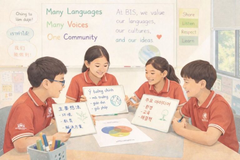 Multilingual students collaborating in a classroom using different languages to support learning