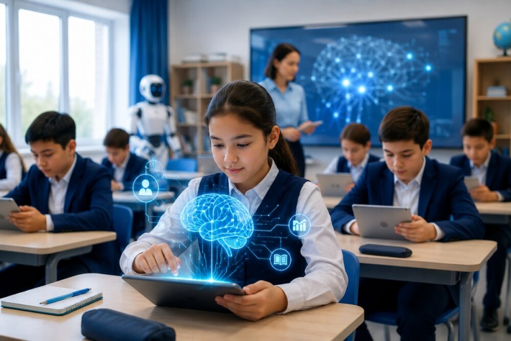 Students using digital learning tools as part of AI in education initiatives in Kazakhstan schools