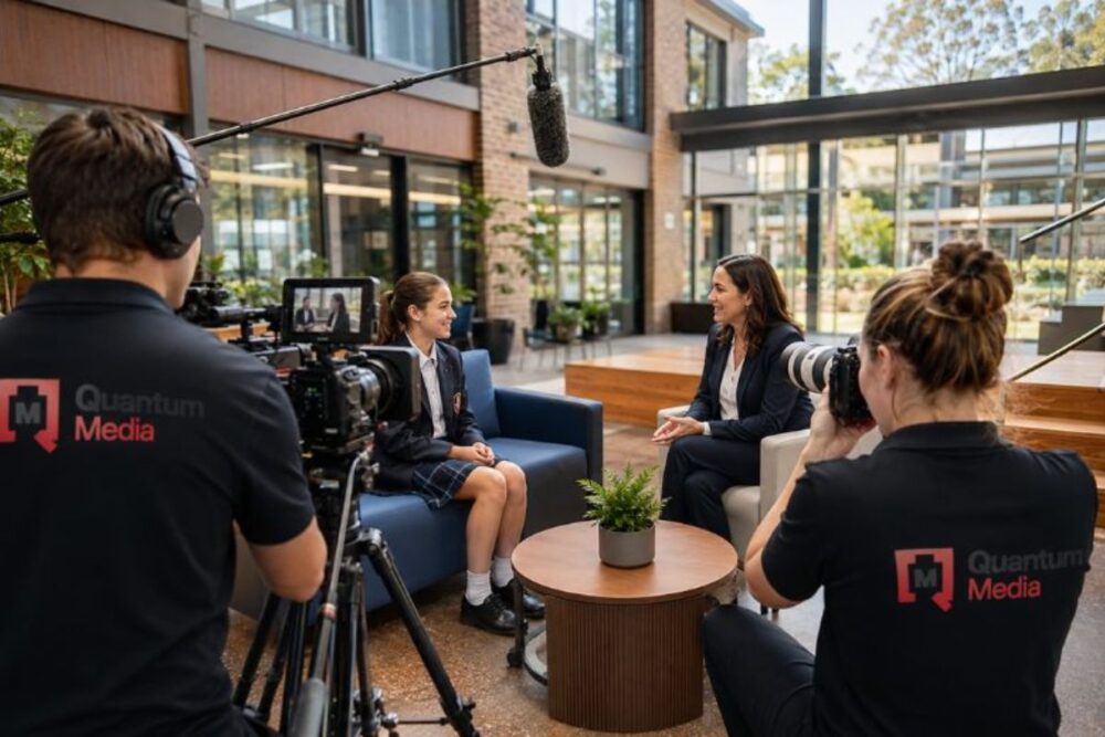 Documentary shoot in modern atrium