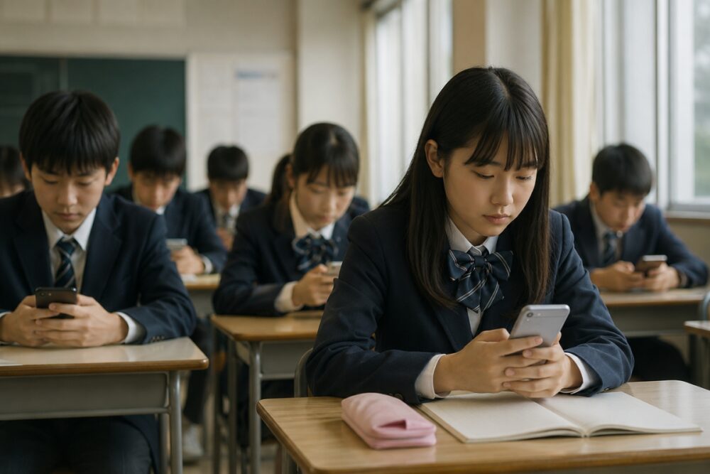 Japanese students using smartphones during a school day, illustrating concerns around Japan student test scores and screen use