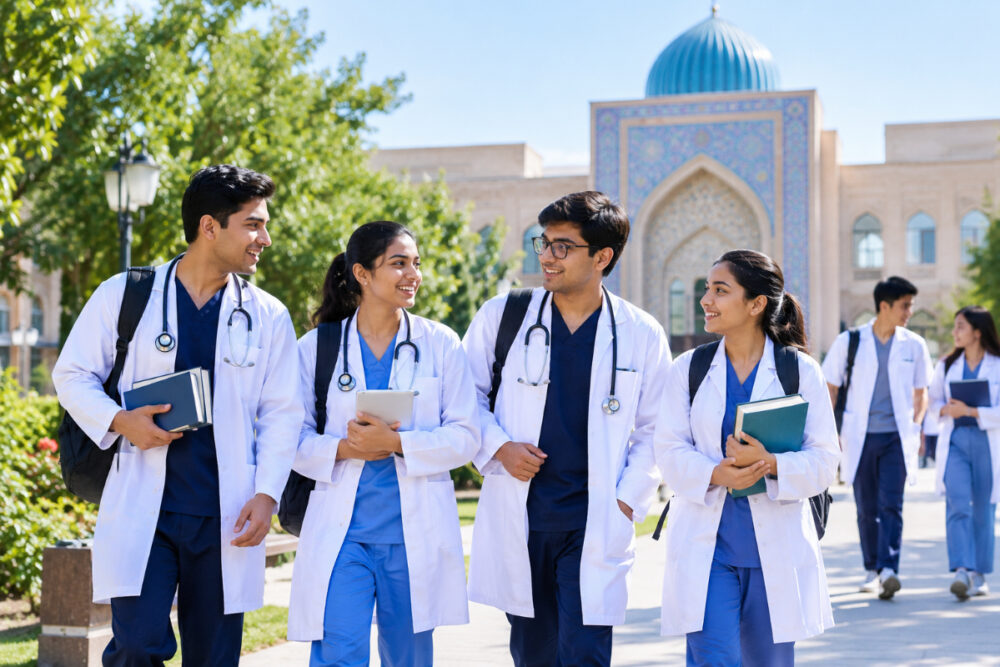 Indian students studying medicine at a university in Uzbekistan